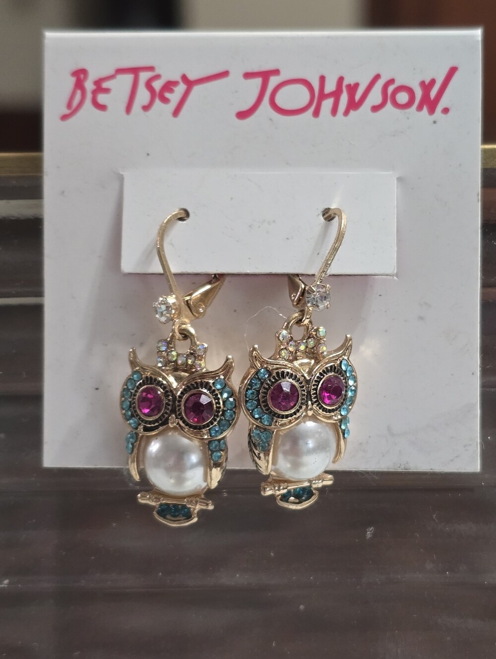 Betsey Johnson Gold Owl Earrings Pearl & Pink and Turquoise Rhinestone Accents
